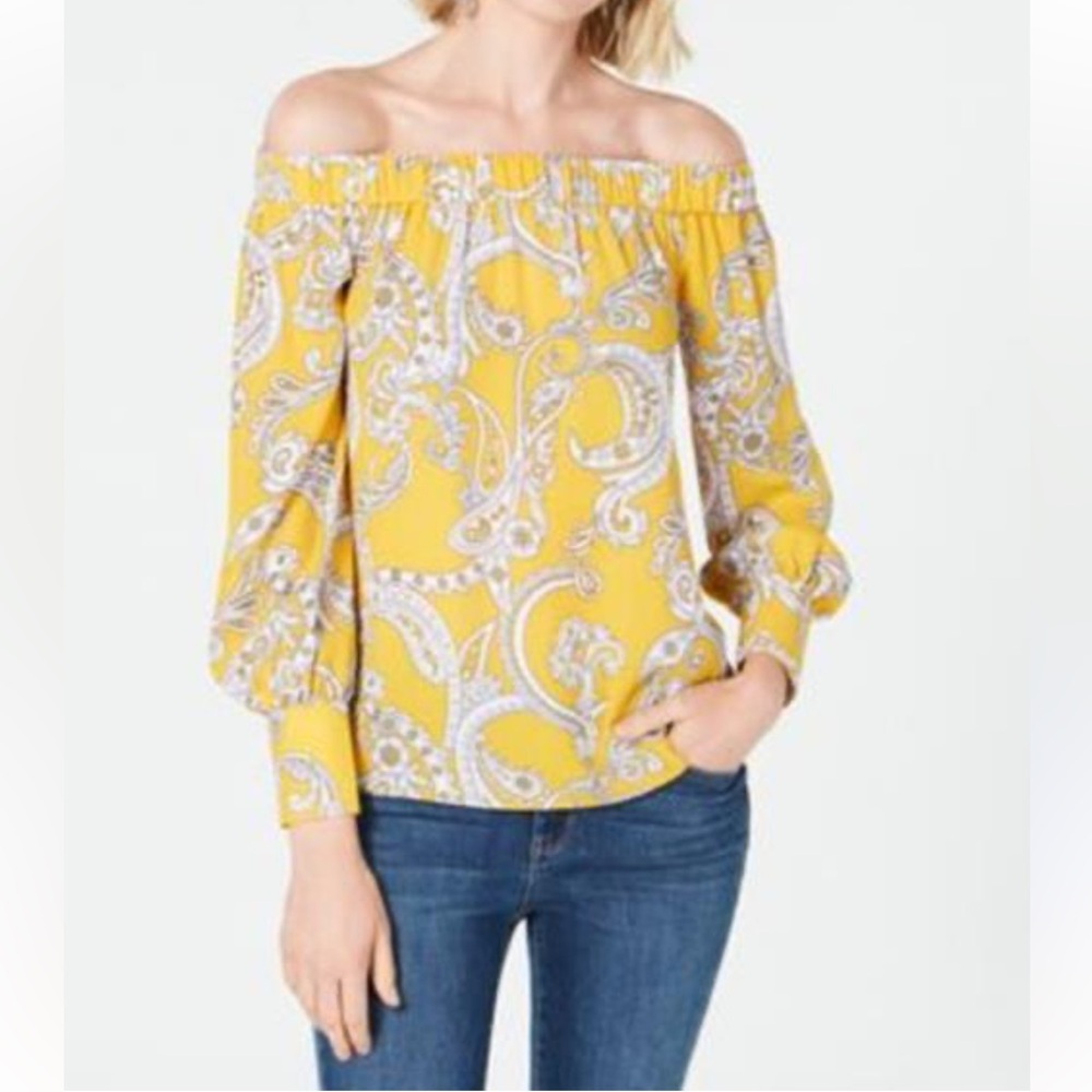 INC International Concepts Yellow white Paisley Off-Shoulder top Blouse Sz L